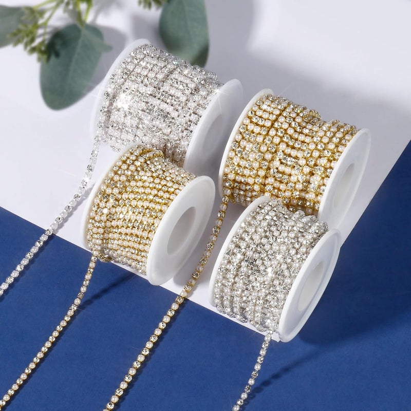 Ucevi 10 Yards Silver Pearl Rhinestone Trim Chain for Craft, 3MM Rhinestone Pearl Beaded Cup Chain Trim by Yard for Sewing DIY Crafts Jewelry Making Decoration - Image 4